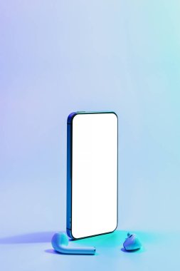 Model uygulaması. Mobil akıllı telefon teknolojisi boş ekran. Akıllı telefon cihazını, ses kulaklıklarını neon gradyan pankarta yerleştirin. Oyun tasarımı, mobil uygulama sunumu, portföy modellemeleri