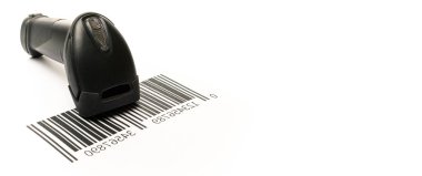 Barcode scanning. Reader laser scanner for warehouse. Retail label barcode scan isolated on white background. Warehouse inventory management clipart