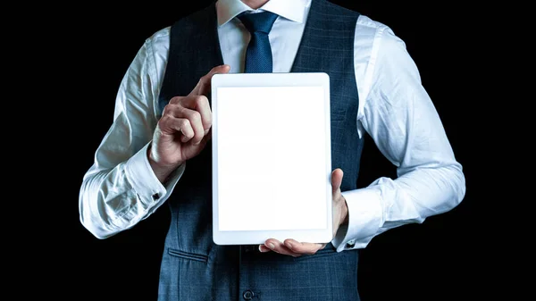 Mockup App Businessman Holding Mobile Tablet Blank Screen Smart Technology — Stock Photo, Image