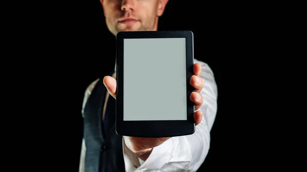 Digital Book Library Reader Tablet Business Man Hand 온라인 디지털 — 스톡 사진