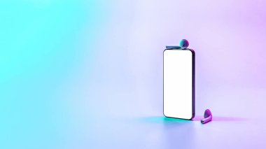 Ekran modeli. Mobil akıllı telefon teknolojisi boş ekran. Akıllı telefon cihazını, ses kulaklıklarını neon gradyan pankarta yerleştirin. Oyun tasarımı, mobil uygulama sunumu veya portföy modellemeleri