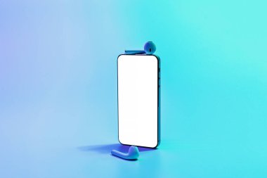 Akıllı telefon maketi. Mobil akıllı telefon teknolojisi boş ekran. Akıllı telefon cihazını, ses kulaklığını, neon gradyan arka planda ayarla. Clipping yolu ile bilgi iletisi içeriği