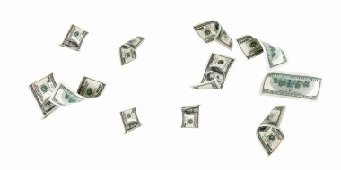 Para yığını. Amerika 'nın yüz doları. Düşen para izole edilmiş, faturalar beyaz arka plan