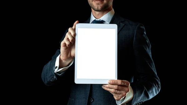 Screen Mockup Empty Blank Tablet Businessman Hand Mock Screen Smart — Stock Photo, Image