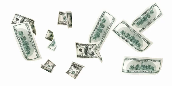 Banconota Cento Dollari Caduta Denaro Isolato Sfondo Bianco Contanti Americani — Foto Stock