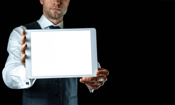 Screen Mockup Empty Blank Tablet Businessman Hand Mock Screen Smart — Stock Photo, Image