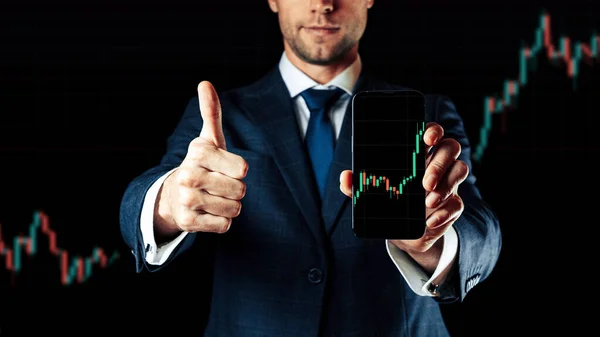 Business Graph Businessman Holding Finance Application Sell Buy Analysis Profit — Stock Photo, Image