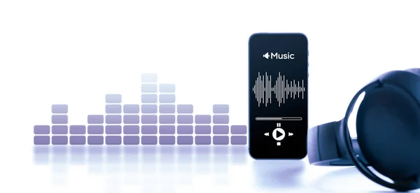 Banner Musical Pantalla Móvil Para Smartphone Con Aplicación Música Auriculares —  Fotos de Stock