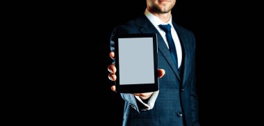 Ebook şablonu. Dijital kitap, kütüphane okuyucu tableti iş adamı elinde. Çevrimiçi öğrenim, ev okulu konsepti