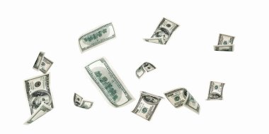 Amerikan doları. Amerikan parası, düşen para. Beyaz arka planda izole edilmiş 100 dolar uçmak