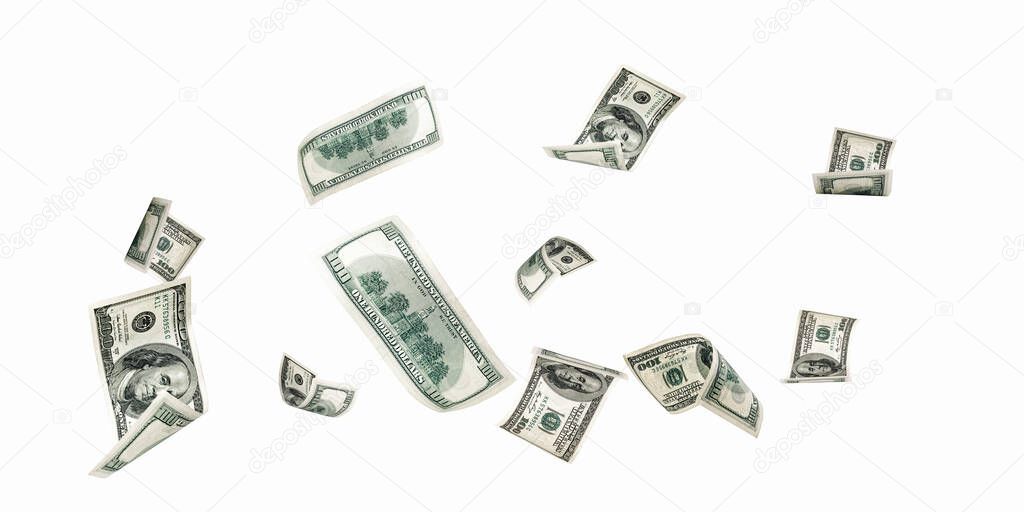 Us dollar. American money, falling cash. Flying hundred dollars isolated on white background