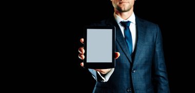 Ebook şablonu. Dijital kitap, kütüphane okuyucu tableti iş adamı elinde. Çevrimiçi öğrenim, ev okulu konsepti