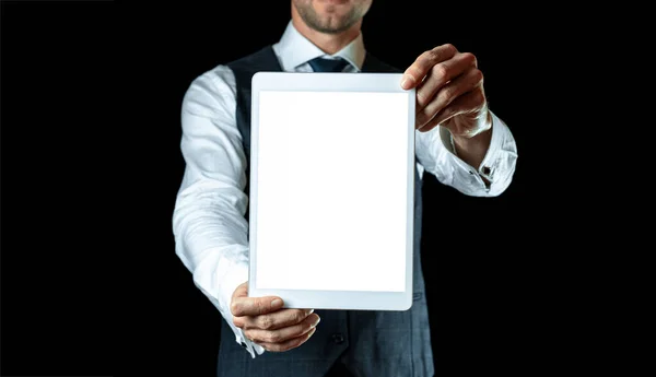 Screen Mockup Empty Blank Tablet Businessman Hand Mock Screen Smart — Stock Photo, Image