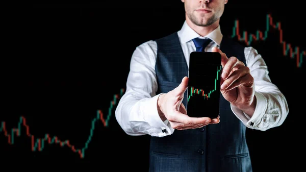 Aplicativo Financeiro Aplicativo Tecnologia Negócios Investimento Tela Digital Mãos Empresários — Fotografia de Stock