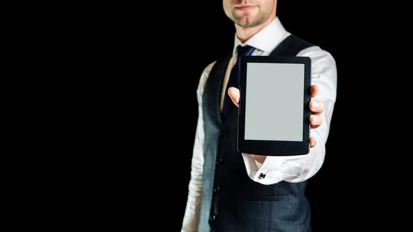 Book Reader Digital Book Library Reader Tablet Business Man Hand — Stock Photo, Image