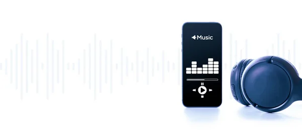 Muziekspandoek Mobiel Smartphone Scherm Met Muziek Applicatie Geluid Koptelefoon Audio — Stockfoto