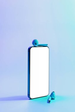 Aygıt modelleri. Mobil akıllı telefon teknolojisi boş ekran. Akıllı telefon cihazını, ses kulaklığı ekipmanını neon gradyan afiş arka planına yerleştir. Uygulama veya web sitesi tasarım projesi için model