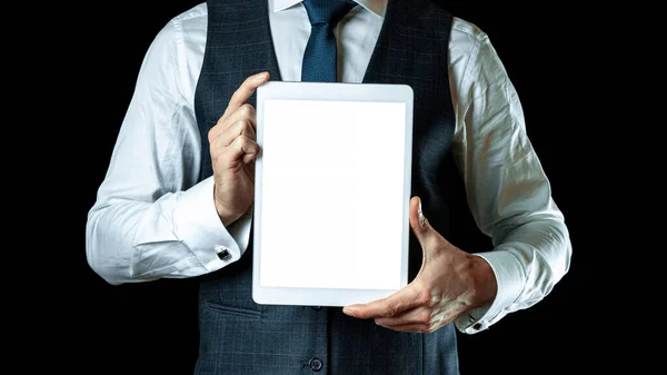 Screen Mockup Empty Blank Tablet Businessman Hand Mock Screen Smart — Stock Photo, Image