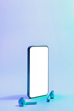 Ekran modeli. Mobil akıllı telefon teknolojisi boş ekran. Akıllı telefon cihazını, ses kulaklıklarını neon gradyan pankarta yerleştirin. Oyun tasarımı, mobil uygulama sunumu veya portföy modellemeleri