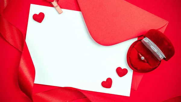 Banner Del Día San Valentín Corazón Rojo Regalo Romántico Sobre — Foto de Stock