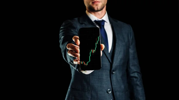 Eladni Megvenni Befektetési Üzleti Technológiai Alkalmazás Digitális Képernyőn Üzletember Kezében — Stock Fotó