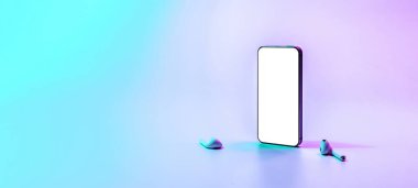 Model cihazı. Mobil akıllı telefon teknolojisi boş ekran. Neon gradyan arka planda ses kulaklıkları düzenle. Oyun tasarımı, akıllı telefon uygulama sunumu veya portföy modellemeleri