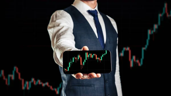 Sälj Och Köp Investeringsteknik App Digital Skärm Affärsman Händer Finansieringsansökan — Stockfoto