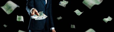 Zengin adam Avrupa 'nın parasını elinde tutuyor. Nakit Euro 'nun uçan afişi. Euro para arkaplanı