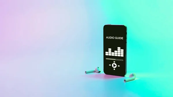 Audio Průvodce Line Aplikace Digitální Mobilní Smartphone Obrazovce Hudebními Sluchátky — Stock fotografie