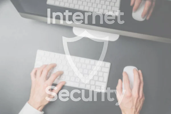 Cyber security lock. Security computer Data Internet protection symbol on blured keyboard background. Concept image of security vulnerability and information leaks. — Stockfoto