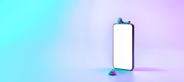 Ekran modeli. Mobil akıllı telefon teknolojisi boş ekran. Akıllı telefon cihazını, ses kulaklıklarını neon gradyan pankarta yerleştirin. Oyun tasarımı, mobil uygulama sunumu veya portföy modellemeleri