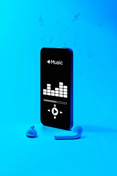 Hudební Pozadí Mobilní Smartphone Obrazovka Hudební Aplikací Zvukové Sluchátka Zvukový — Stock fotografie