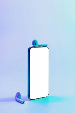 Akıllı telefon maketi. Mobil akıllı telefon teknolojisi boş ekran. Akıllı telefon cihazını, ses kulaklığını, neon gradyan arka planda ayarla. Clipping yolu ile bilgi iletisi içeriği