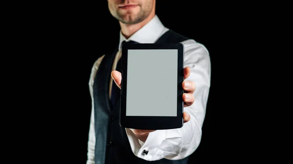 Book Reader Digital Book Library Reader Tablet Business Man Hand — Stock Photo, Image