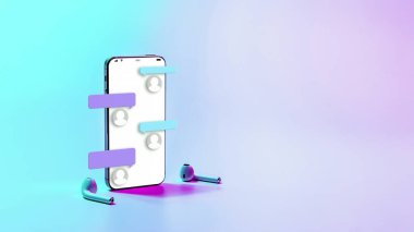 Çevrimiçi sohbet mesajlaşması. Akıllı telefon ekranında mesaj bildirimi. E-posta mesajı, e-posta bildirimi. Neon arkaplanda sosyal ağ