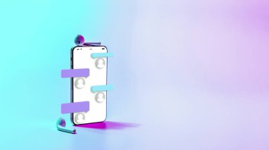 Mesaj balonu mesajlaşması. Akıllı telefon ekranında mesaj konuşması. Cep telefonundaki dijital elektronik sohbet neon arka planda izole edilmiş.