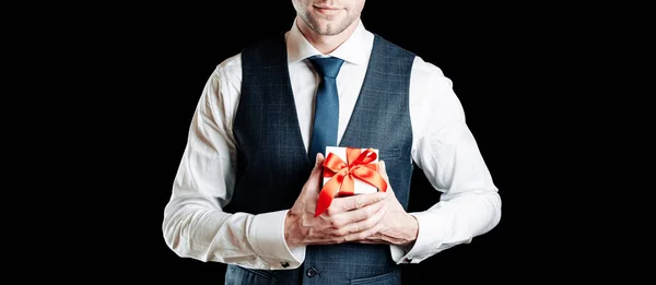 Gift Box Hand Happy Young Business Man Holding Surprise Giftbox — Stock Photo, Image