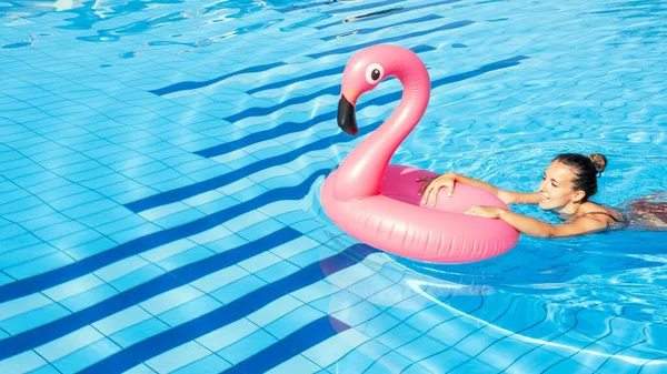 Летний Бассейн Отдыха Молодая Сексуальная Женщина Купальнике Розовым Фламинго Голубой — стоковое фото
