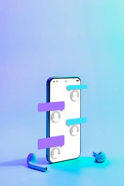 Çevrimiçi sohbet mesajlaşması. Akıllı telefon ekranında mesaj bildirimi. E-posta mesajı, e-posta bildirimi. Neon arkaplanda sosyal ağ