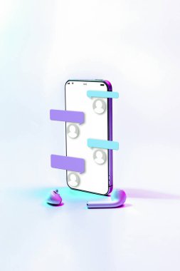 Çevrimiçi sohbet mesajlaşması. Akıllı telefon ekranında mesaj bildirimi. E-posta mesajı, e-posta bildirimi. Neon arkaplanda sosyal ağ