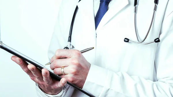 Banner Médico Portapapeles Médico Enfermera Feliz Con Guantes Azules Uniforme — Foto de Stock