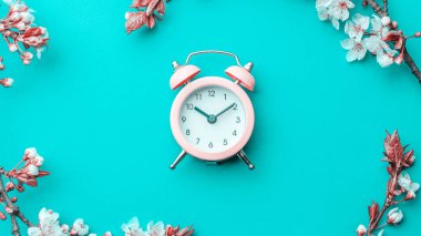 Yaz zamanı. Bahar çiçekleri ve çiçekli Nisan çiçekleri mavi arka planda çalar saat. Çiçek açan ağaçla güzel bir sahne. Paskalya güneşli bir gün. Meyve bahçesi arkaplanı bulanık. İlkbahar