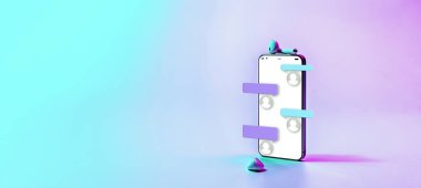Çevrimiçi sohbet mesajlaşması. Akıllı telefon ekranında mesaj bildirimi. E-posta mesajı, e-posta bildirimi. Neon arkaplanda sosyal ağ