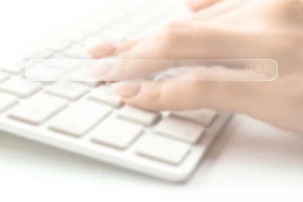 Searching Internet Online Website Search Engine Selective Focus Blured Hands — Fotografia de Stock