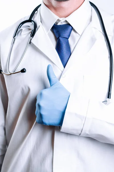 Gesto Médico Mãos Fundo Médico Enfermeira Feliz Luvas Azuis Uniforme — Fotografia de Stock
