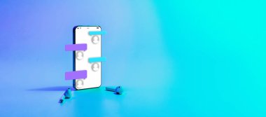 Çevrimiçi sohbet mesajlaşması. Akıllı telefon ekranında mesaj bildirimi. E-posta mesajı, e-posta bildirimi. Neon arkaplanda sosyal ağ