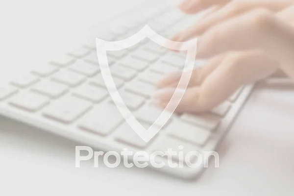 Computer Protection Data Protect Symbol Blured Keyboard Background Business Technology — Stock Photo, Image