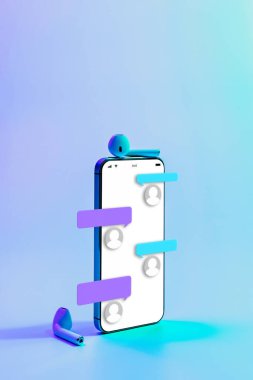 Çevrimiçi sohbet mesajlaşması. Akıllı telefon ekranında mesaj bildirimi. E-posta mesajı, e-posta bildirimi. Neon arkaplanda sosyal ağ