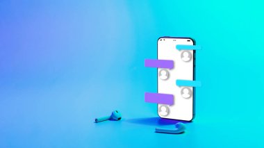 Çevrimiçi sohbet mesajlaşması. Akıllı telefon ekranında mesaj bildirimi. E-posta mesajı, e-posta bildirimi. Neon arkaplanda sosyal ağ