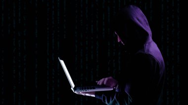 Hacker security cyber attack. Digital laptop in hacker man hand isolated on black. Internet web hack technology. Login and password, cybersecurity banner concept clipart